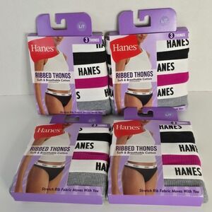 7/L Hanes Women's Ribbed Cotton Thong Pink, Black, Gray Stretch 40-41" Lot of 4